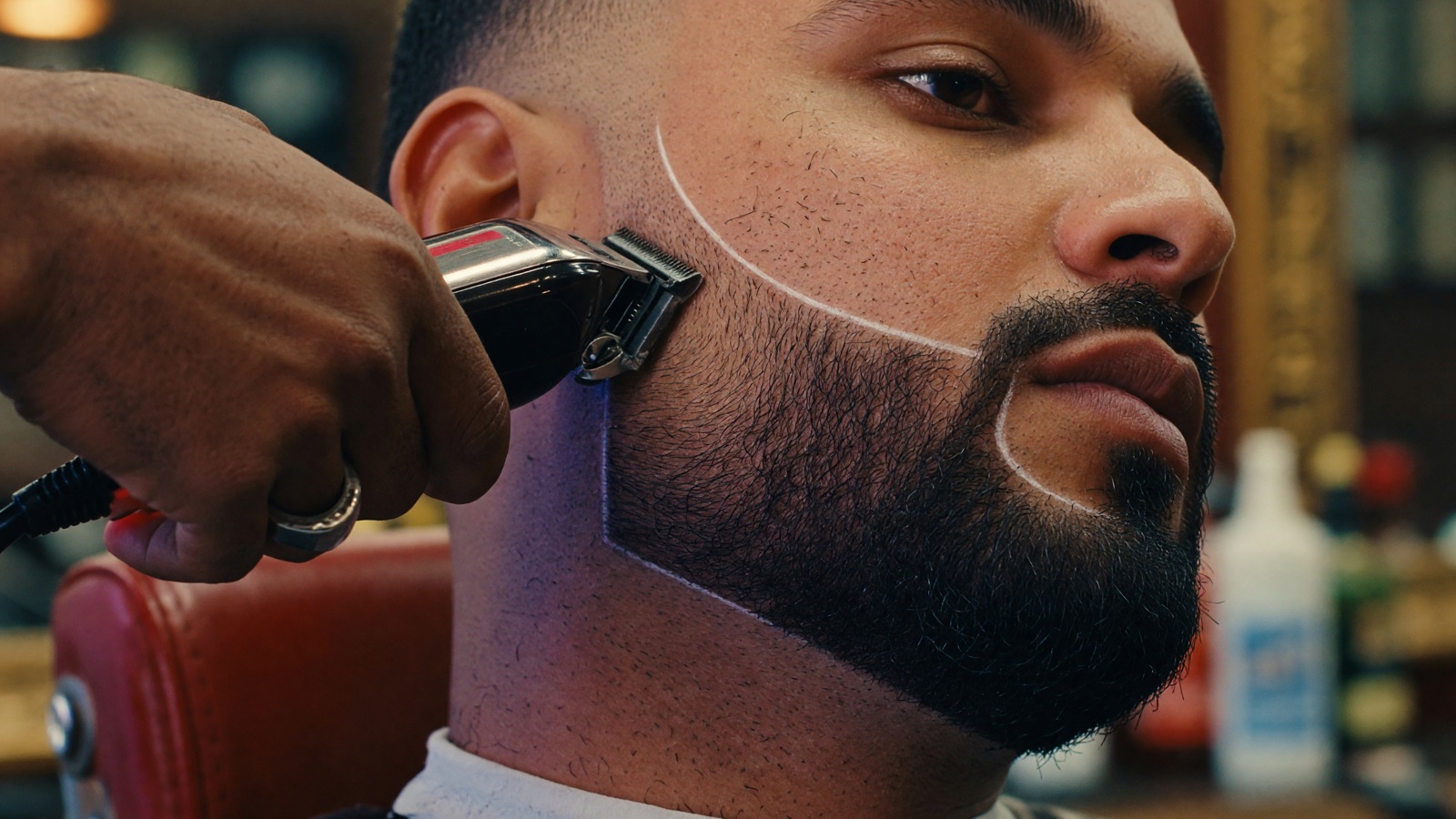 A barber defining a crisp beard line-up with a trimmer at The Twisted Willow Barbershop in Berea, KY