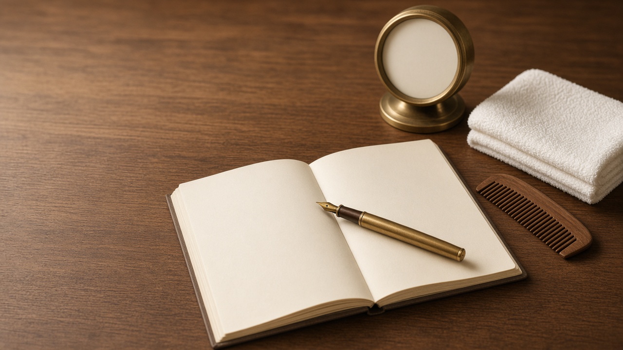 AI-generated editorial image of an open appointment book with a brass pen, a desk clock, a wooden comb and a folded towel on a walnut counter; not a photograph of The Twisted Willow Barbershop.