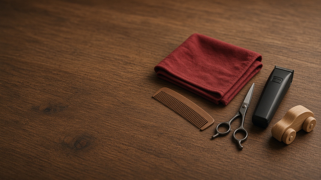 AI-generated editorial image of a folded red barber cape, a wooden comb, scissors, a clipper and a wooden toy car on a walnut counter; not a photograph of The Twisted Willow Barbershop.