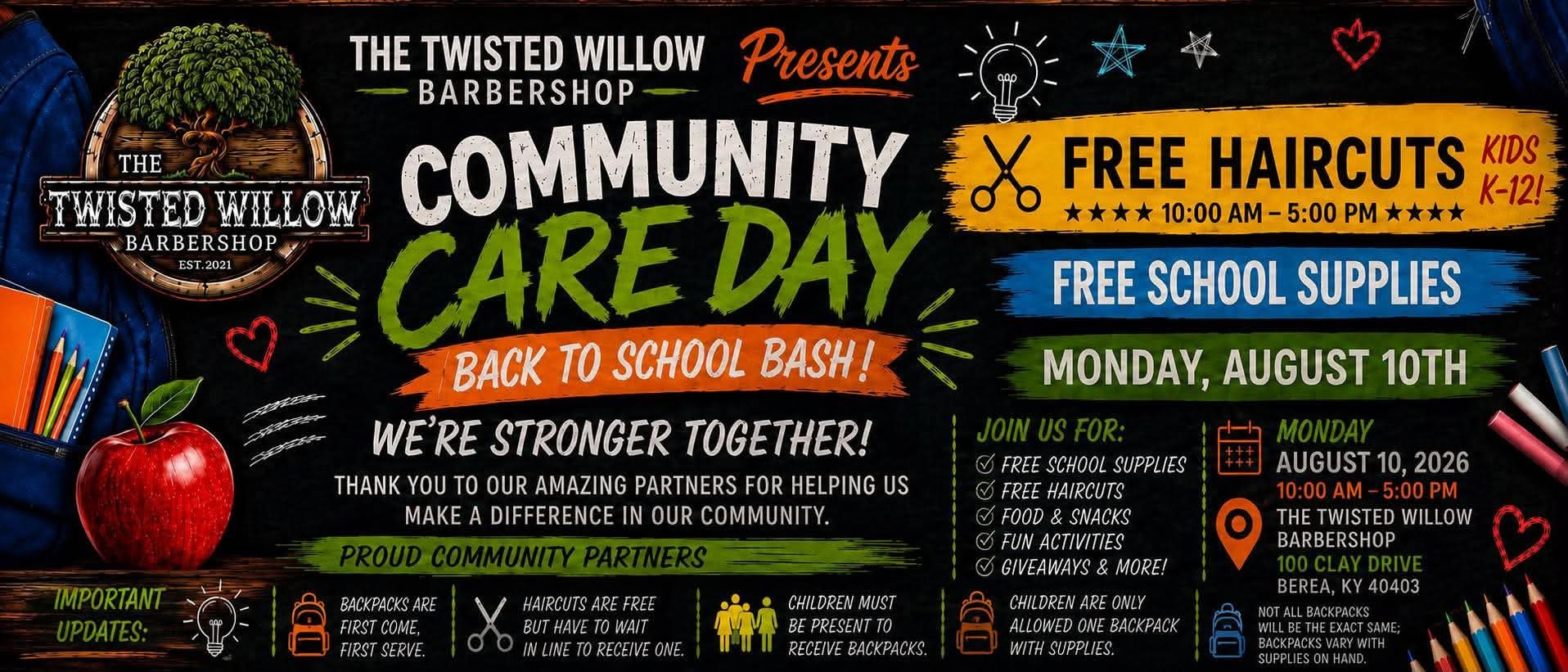 Community Care Day back-to-school event poster for The Twisted Willow Barbershop in Berea, Kentucky