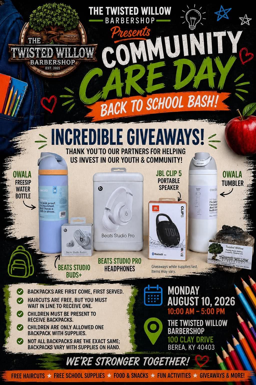 Community Care Day giveaway poster featuring Owala drinkware, Beats headphones and earbuds, and a JBL portable speaker