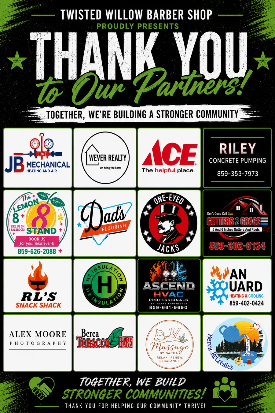 The Twisted Willow Barbershop full community partner roster with sixteen company logos