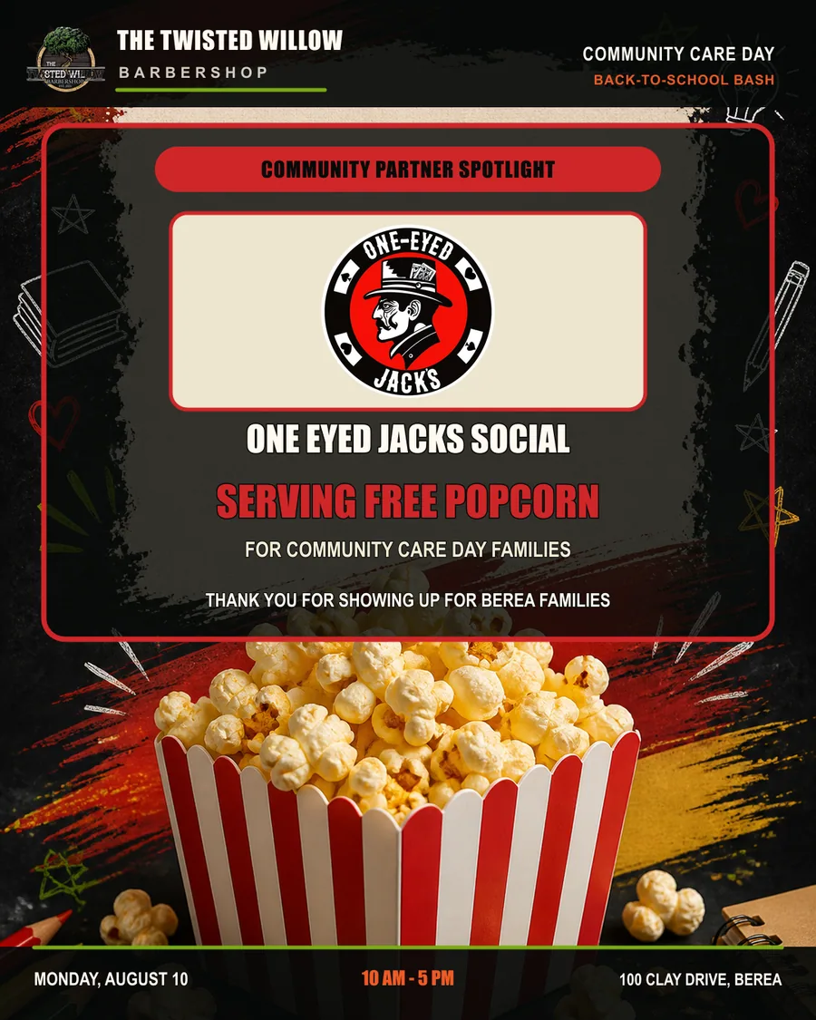 One Eyed Jacks Social Community Care Day partner spotlight announcing free popcorn