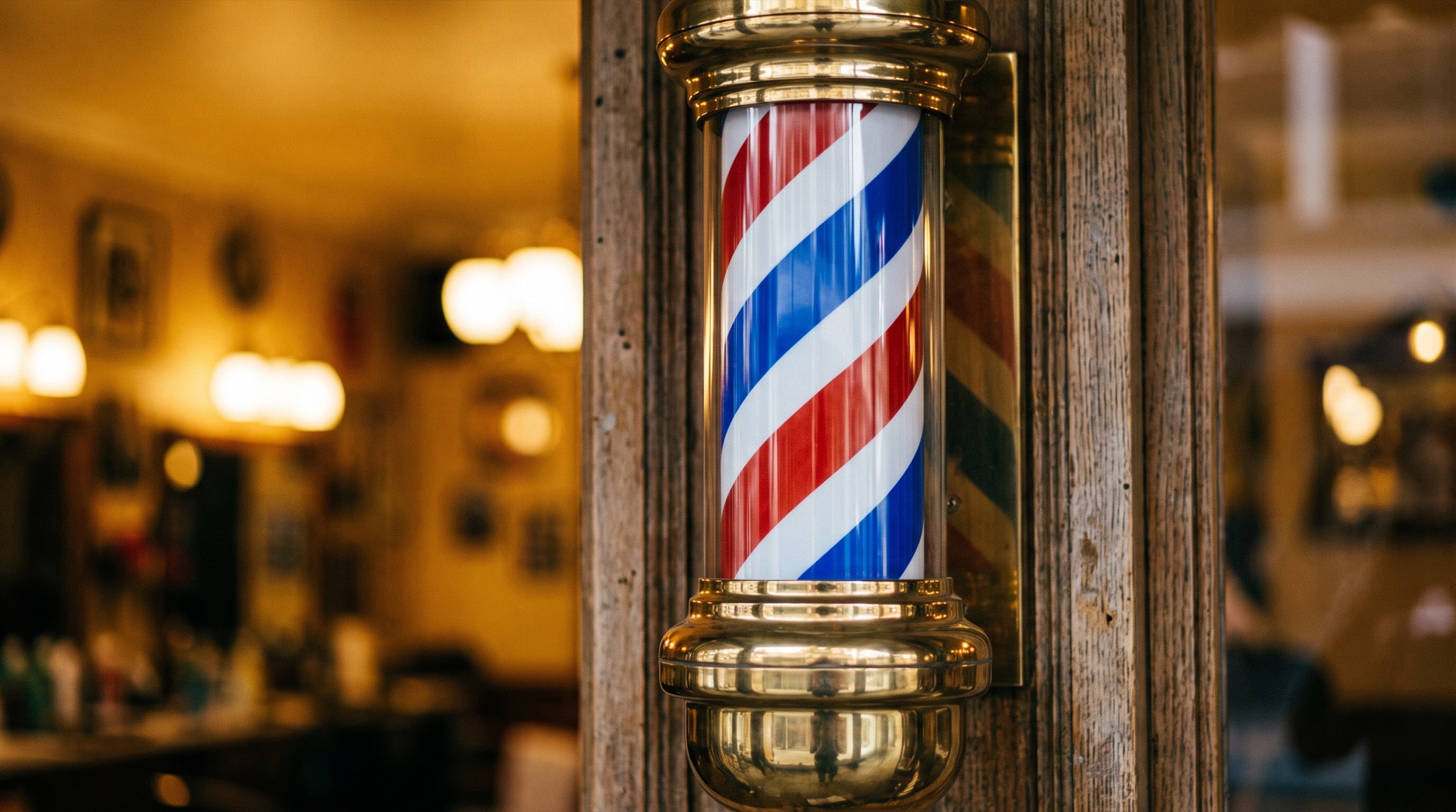Classic red white and blue barber pole with polished brass caps at The Twisted Willow Barbershop