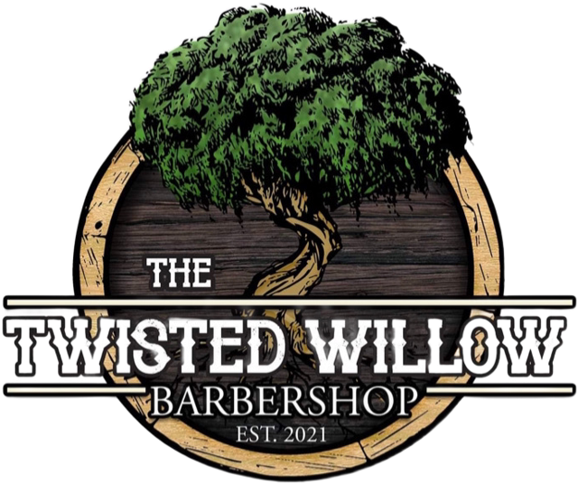 The Twisted Willow Barbershop logo, a willow tree over a wood barrel